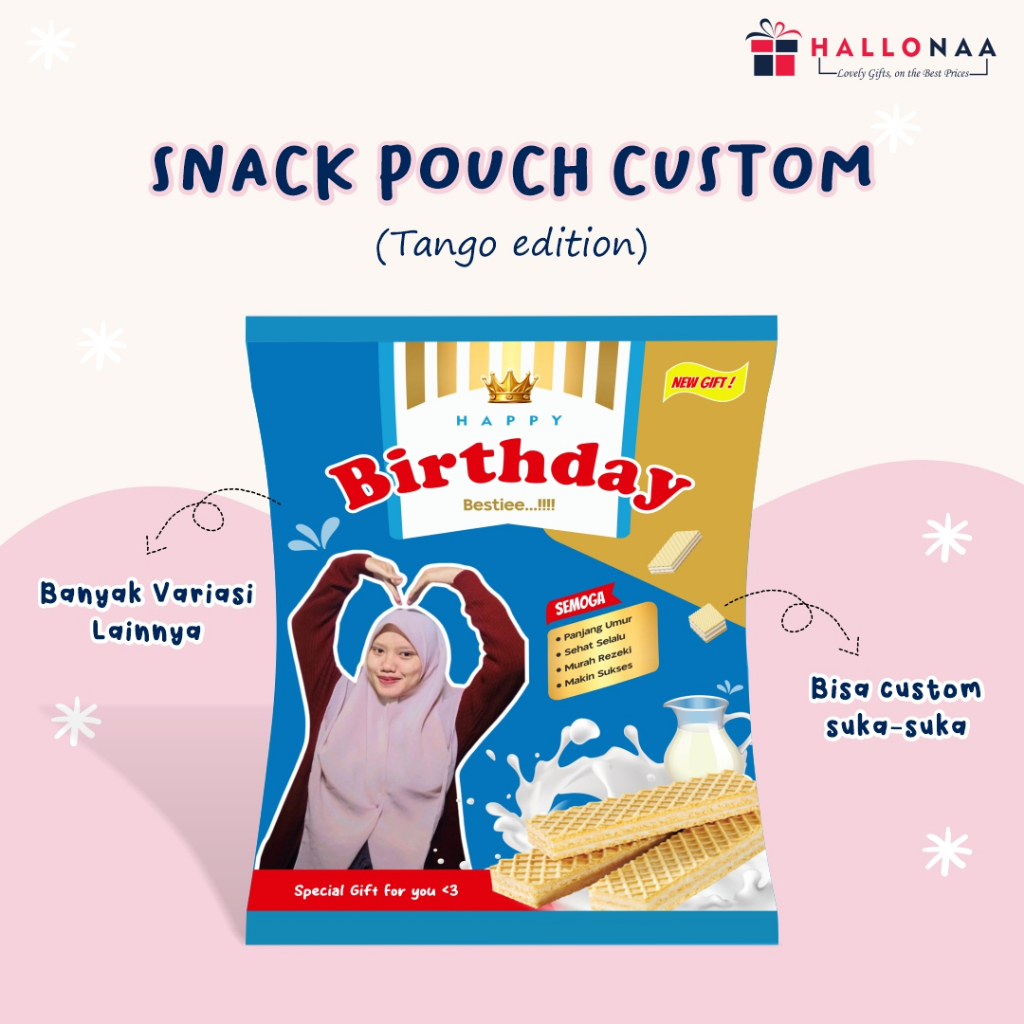 

SNACK POUCH CUSTOM | CUSTOM FOTO DAN TEXT | CUSTOM ALA TANGO | HALLONAASTORE