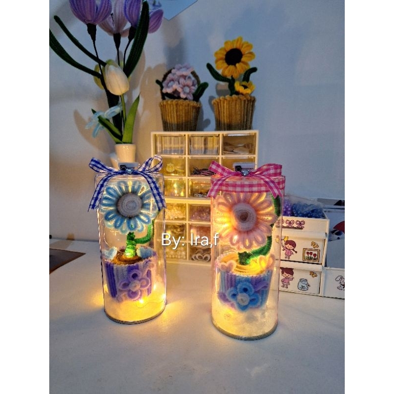 Bunga kawat bulu + tabung mika/Pipe cleaner pot/bunga pot kawat bulu/hadiah lucu