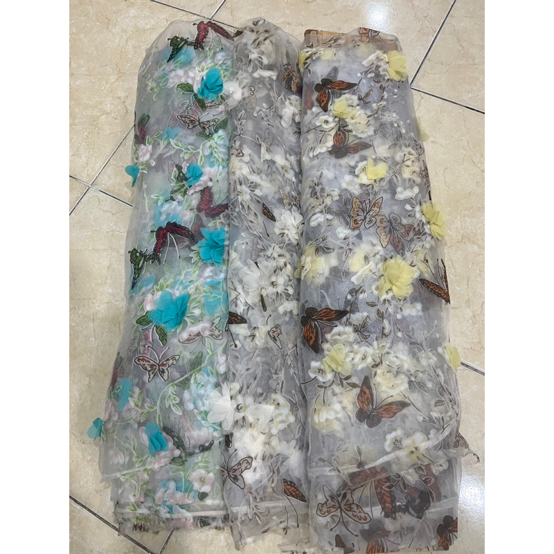 organza bunga 3d / bahan organza motif kupu-kupu dengan bunga 3d best quality