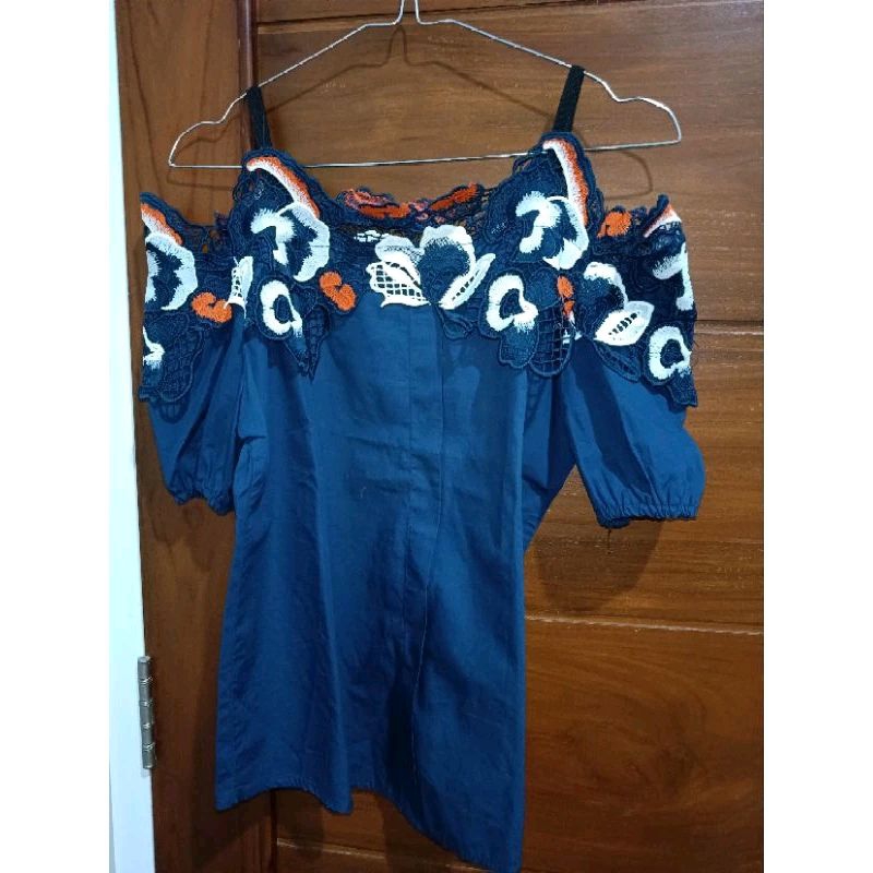 Sabrina Cute Top Renda Lengan Pendek Biru Navy