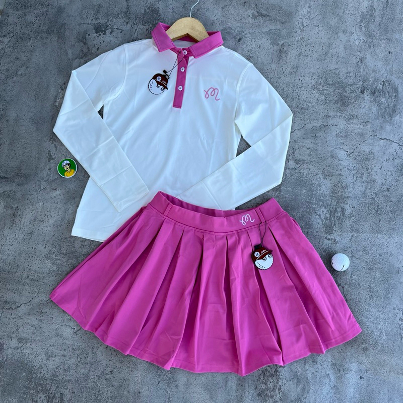 BAJU SET GOLF WANITA LENGAN PANJANG WARNA PUTIH/PINK BAHAN ADEM