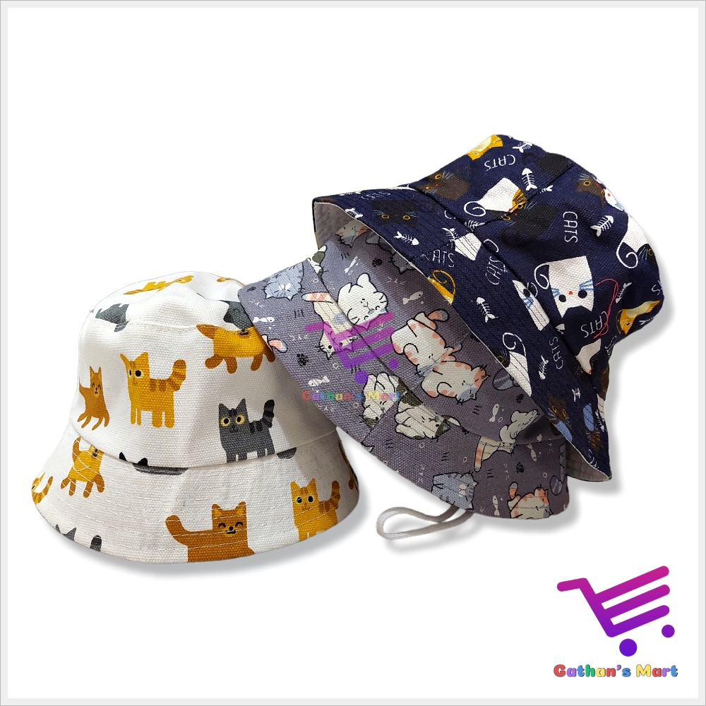 Topi Bucket Hat Anak Laki Laki Perempuan Karakter Hewan Bahan Kanvas Tali Umur 6 Bulan - 3 Tahun