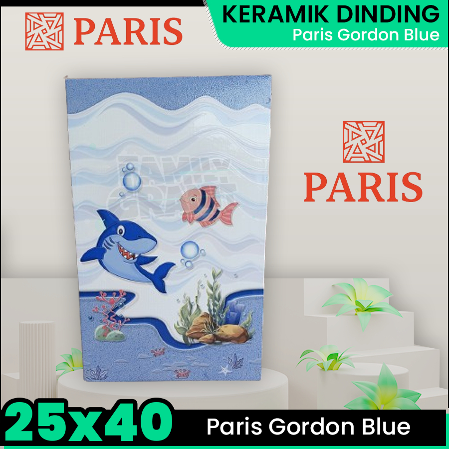 Keramik Dinding 25x40 Paris Gordon Blue Wall Tile Kamar Mandi Motif Ikan Glossy Emboss