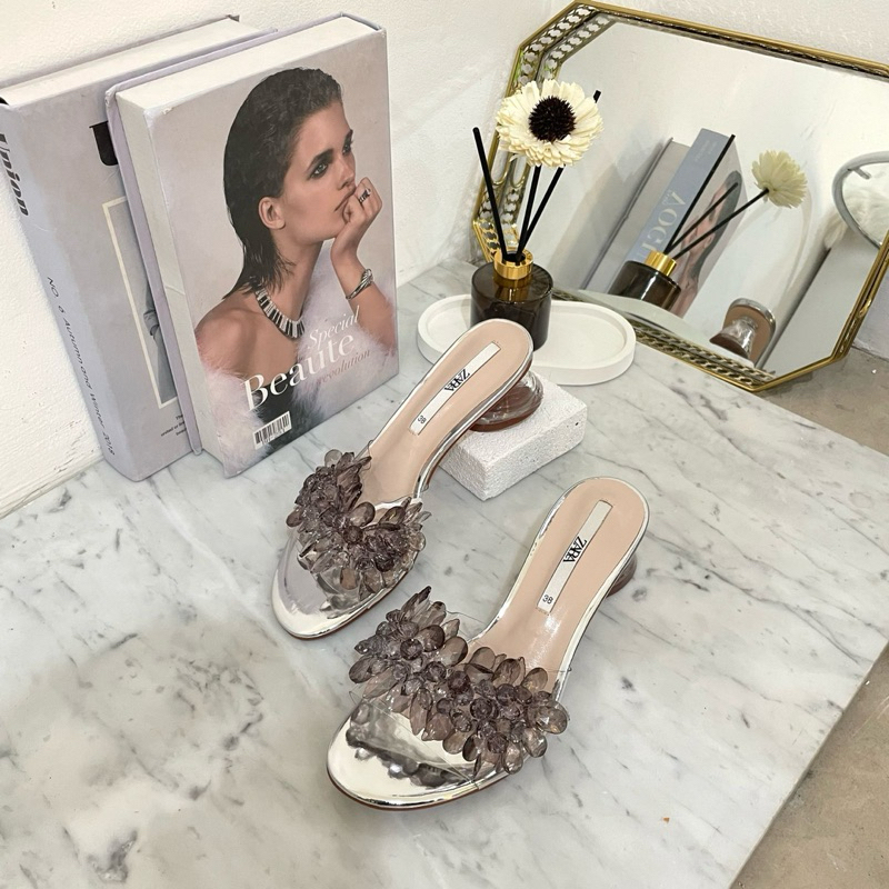 Glass chunky heels 3cm bu Zara flory import high quality fashion shoes sandal bunga wanita hak tahu 