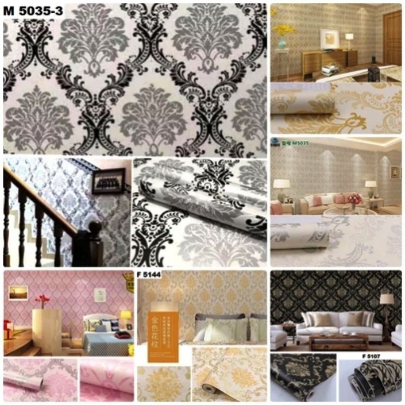 wallpaper dinding/stiker dinding/motif batik silver gold hitam bunga dekorasi ruangan interior kamar