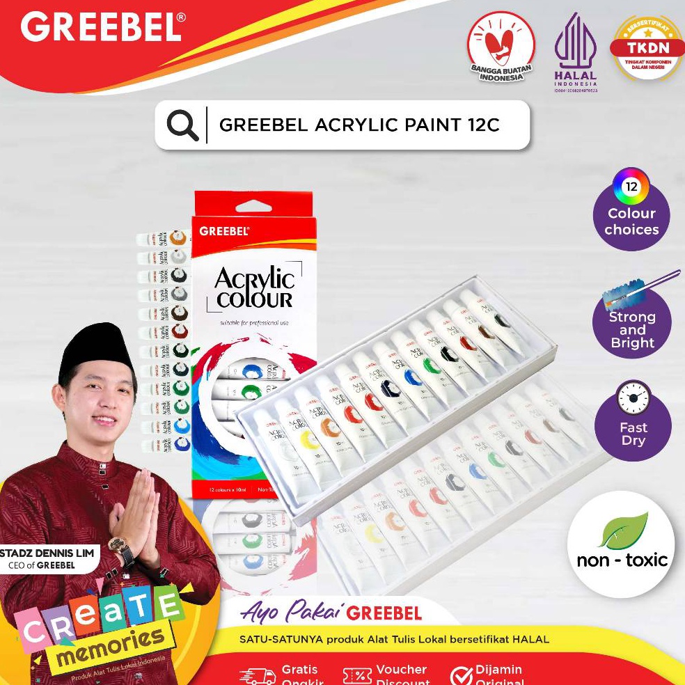 

GREEBEL Cat Akrilik 1 ML 12 WARNA utk anak sekolah art melukis ACRYLIC PAINTING tdk beracun cerah ART F4W2