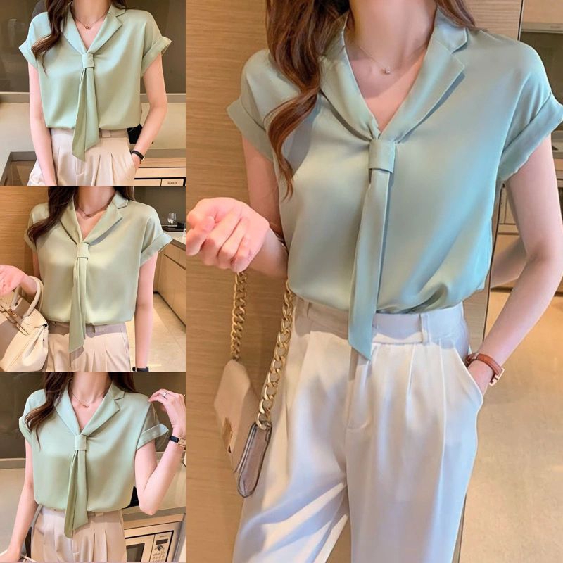 baju  v-neck shirt tie collar top  blouse  atasan wanita kerah pita  baju kantoran  kemeja kerja  ku