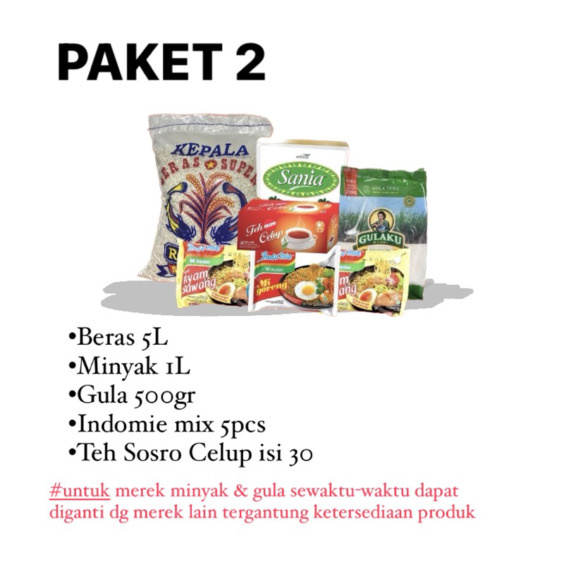 

PAKET 2 SEMBAKO MURAH / BERAS 5L = 3,8KG / MINYAK GULA INDOMIE TEH SOSRO