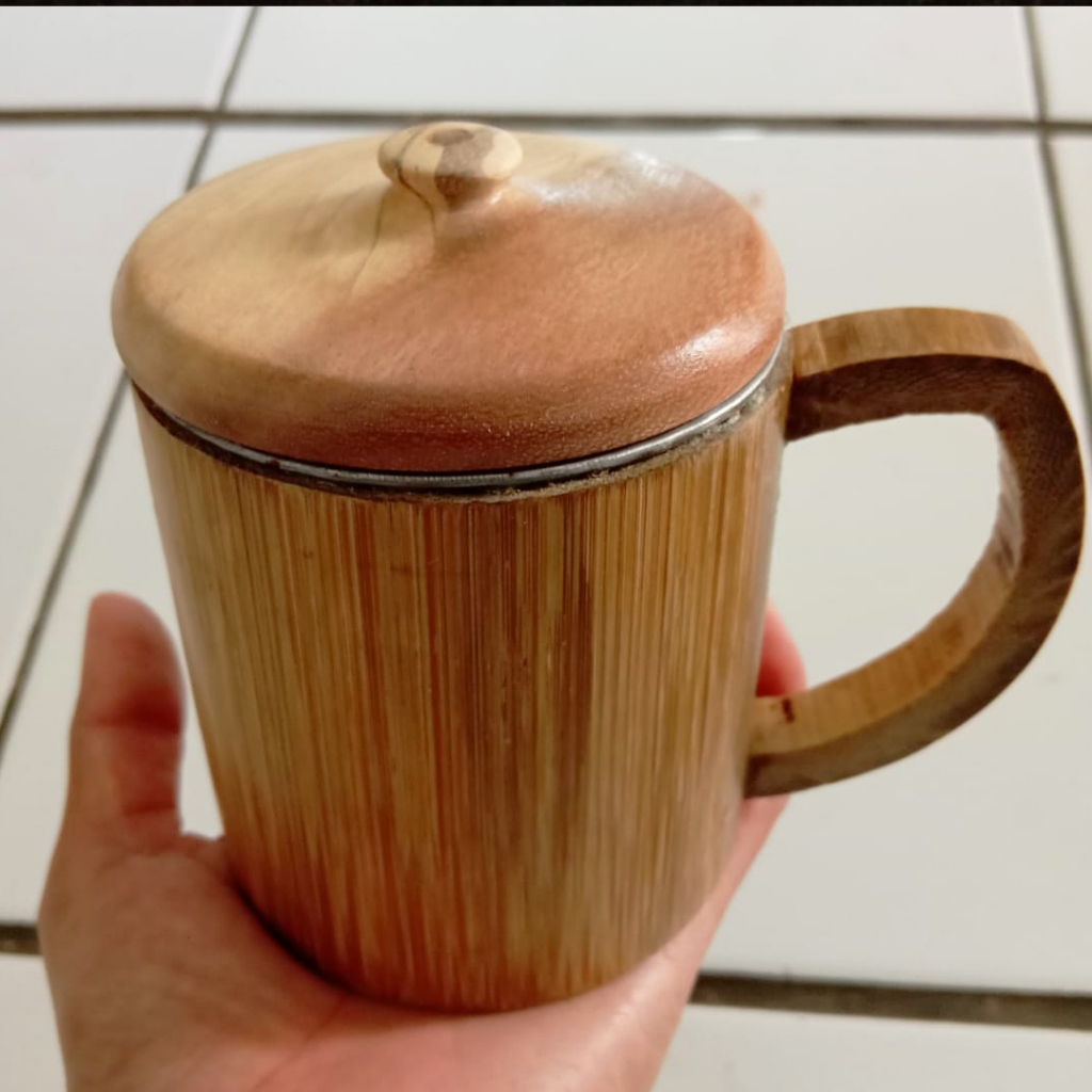 Paling Murah Grosir Cangkir Mug Gelas Bambu Polos dalam Stainless Plus Tutup Cangkir dari Kayu Akses
