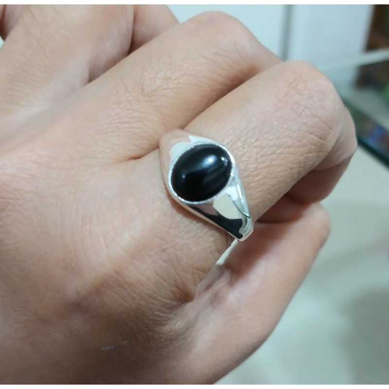 cincin perak pria permata oval permata onix cabocon