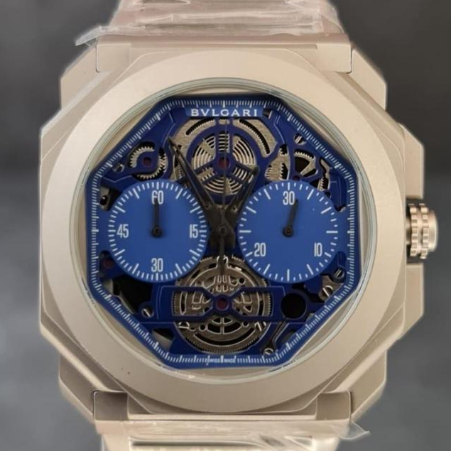 JAM TANGAN PRIA BVLGARI OKTO SKELETON LUXURY CHRONO AKTIF JAPAN QUARTZ SILVER HITAM BLUE