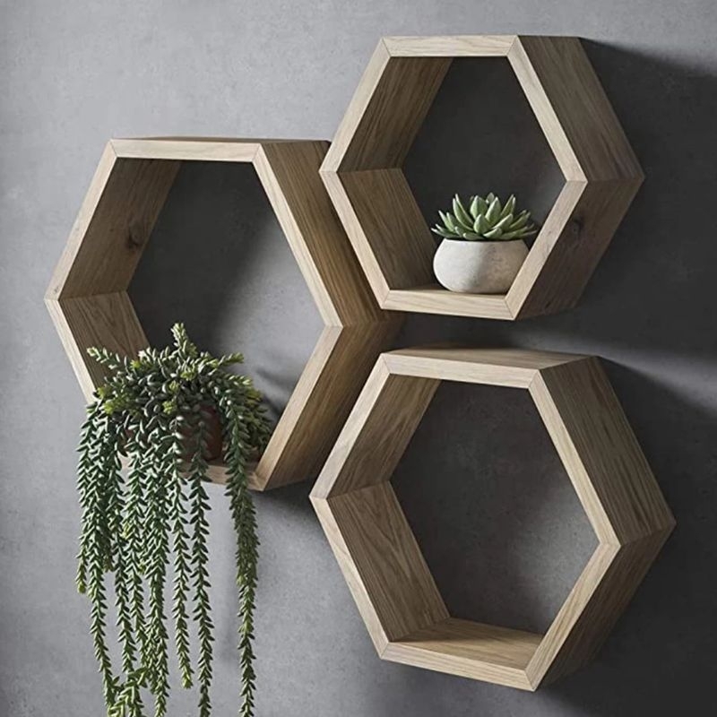 Set isi 3 Pcs Rak hexagonal hiasan dinding hexagonal kayu tempel dinding dekorasi pajangan dinding h