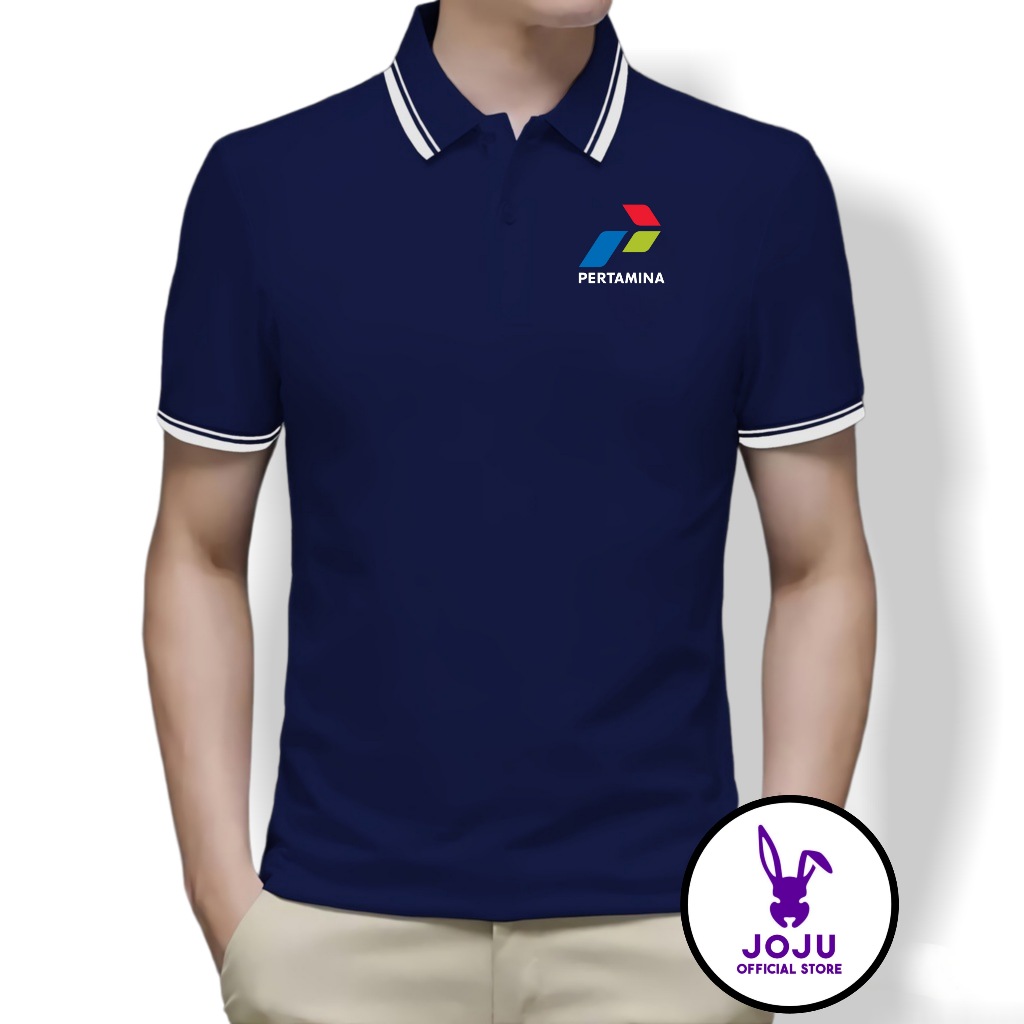 JOJU Kaos Polo Shirt Pria Kerah List Putih Logo PERTAMINA