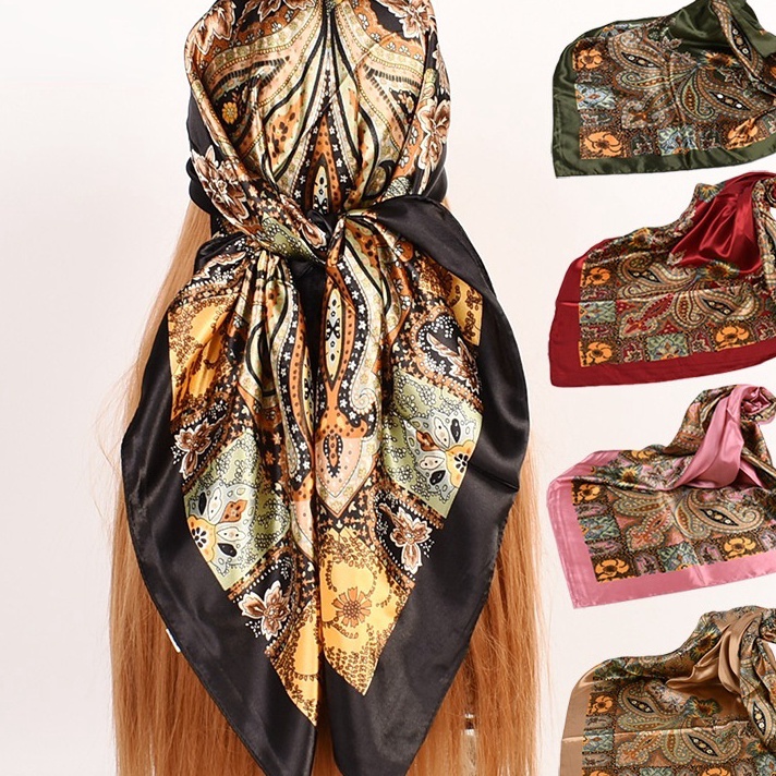 Stok terbaru 9x9 cm Syal Persegi Satin Motif Bunga Jambu Mete Besar Jilbab Wanita Hijab Scarf Leher 