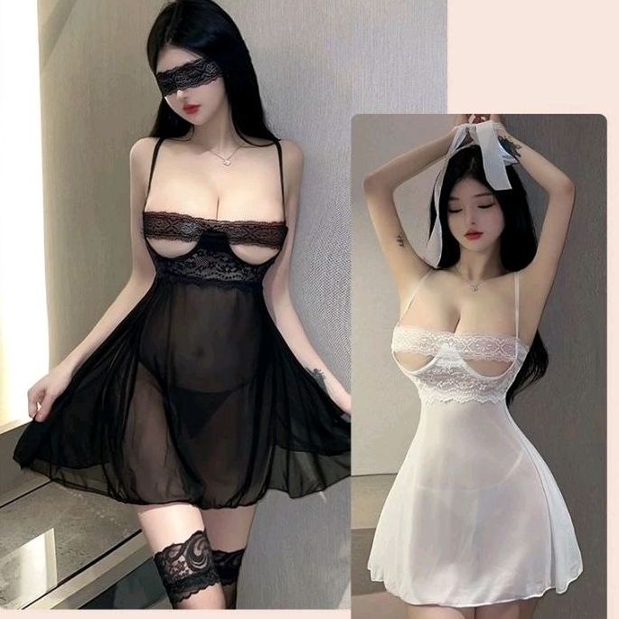 Lingerie Dress Open Chest fit XL + Bra Renda Tali Belakang Sexy Transparan