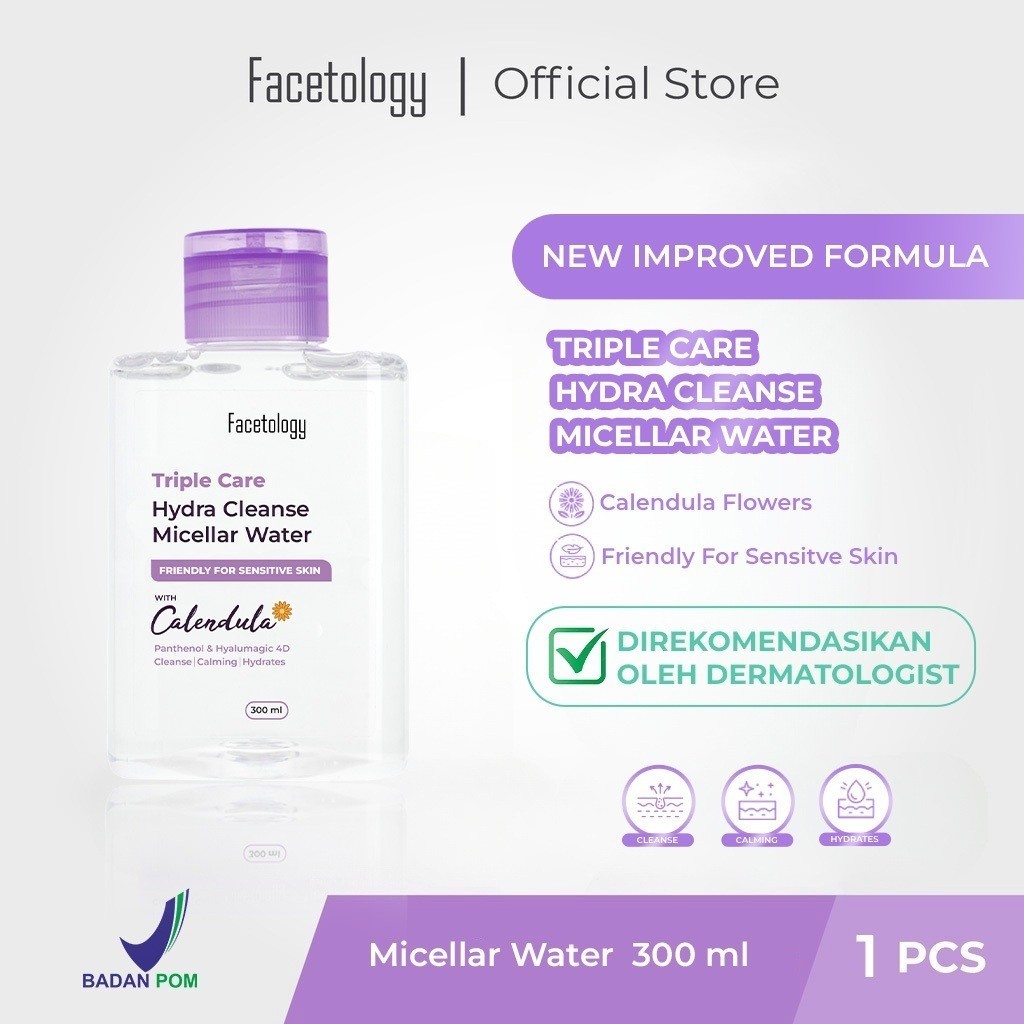 Facetology Triple Care Hydra Cleanse Micellar Water 300 ML Pembersih Wajah Sensitive Skin Pembersih Make Up Tanpa Bilas