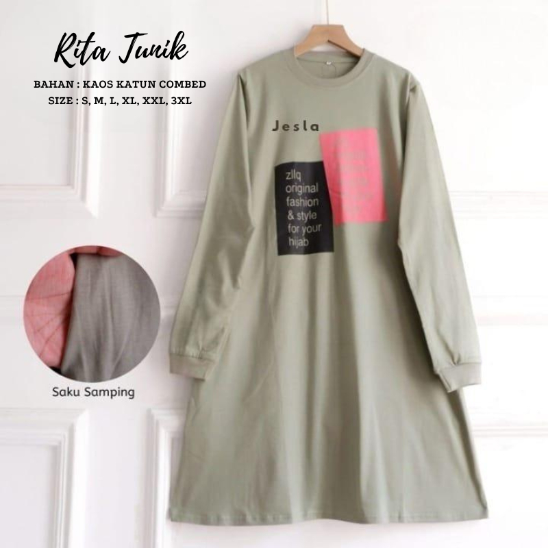 Tunik Kaos Jumbo Lengan Panjang Rita Tunik BO Size S M L XL XXL XXXL Bahan Kaos Katun Combed Aplikas