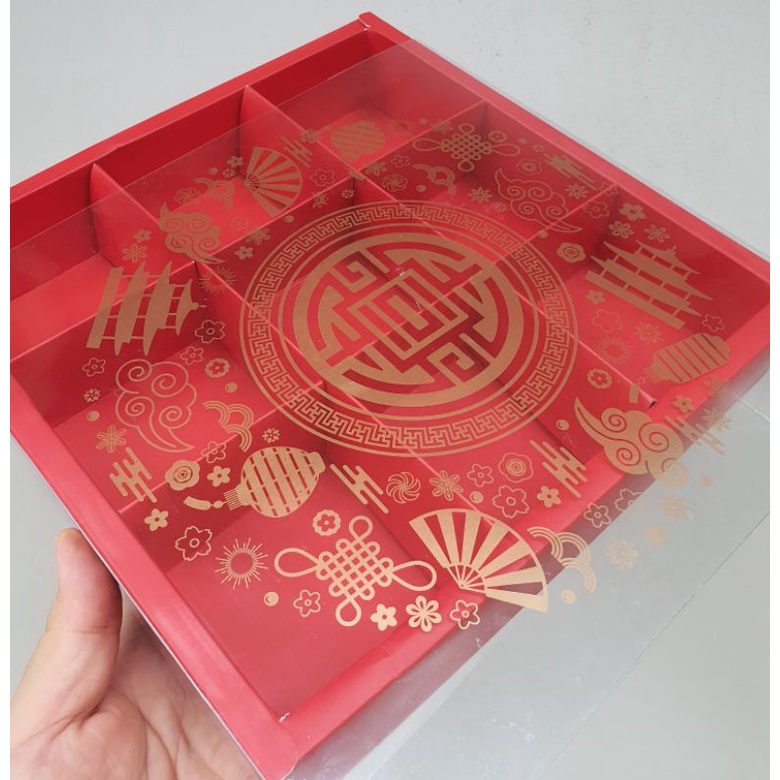 

( 5 pcs ) Dus Kotak Hampers Imlek Sekat 9 Box Mika Packaging Eggtart Plus Tag Red Color