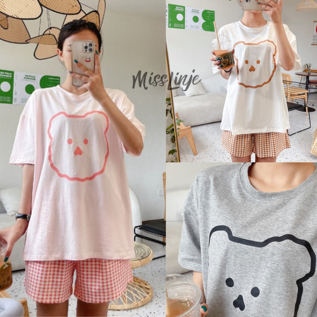Setelan Baju Tidur Santai Kaos Import Wanita Korea Style Lengan Pendek Celana Pendek Kotak Motif Bear Lucu