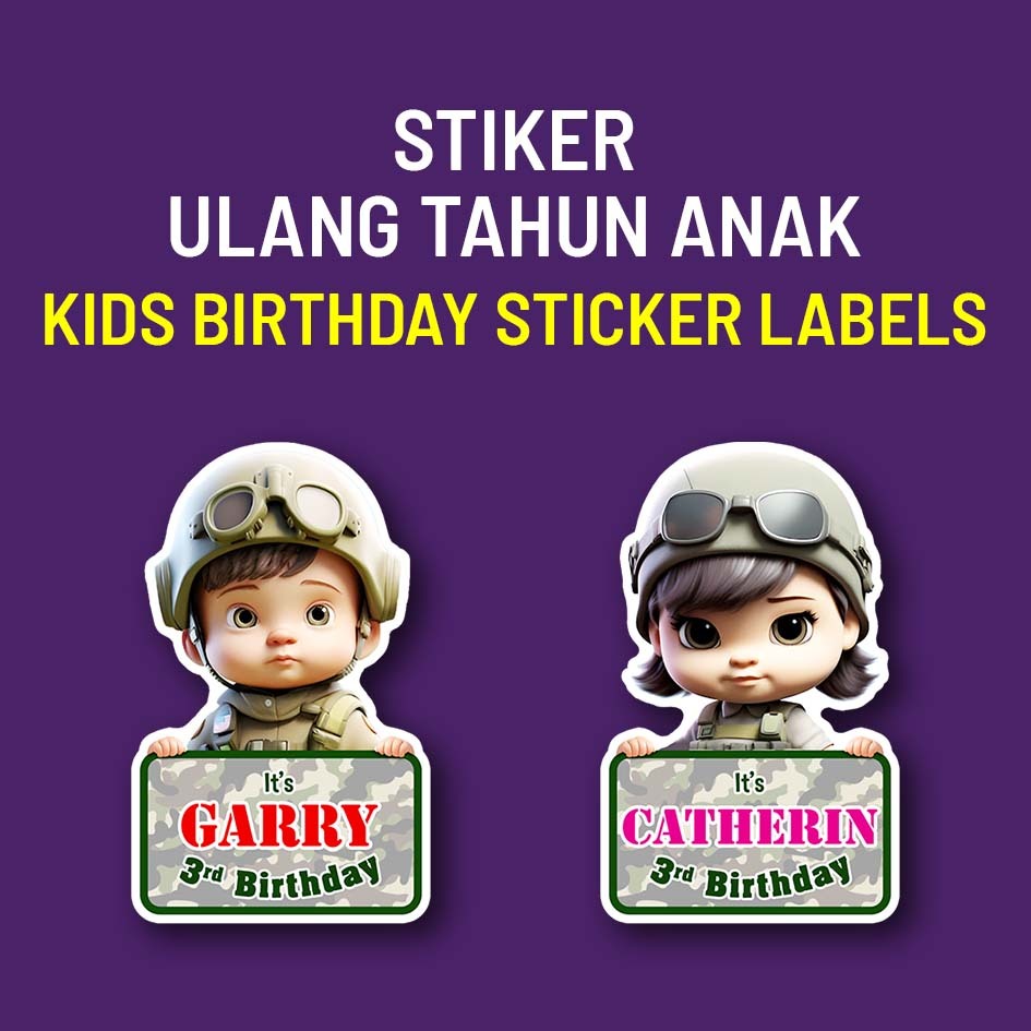 

STIKER ULANG TAHUN ANAK STICKER LABEL NASI BENTO STIKER KEMASAN SOUVENIR ULTAH ANAK TENTARA LUCU ARMY KID BOY GIRL CUTE