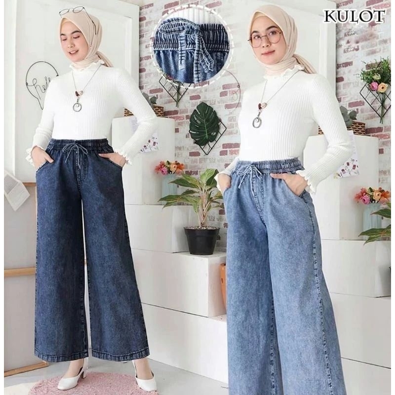 celana kulot jeans wanita bawah lipat // karet pinggang