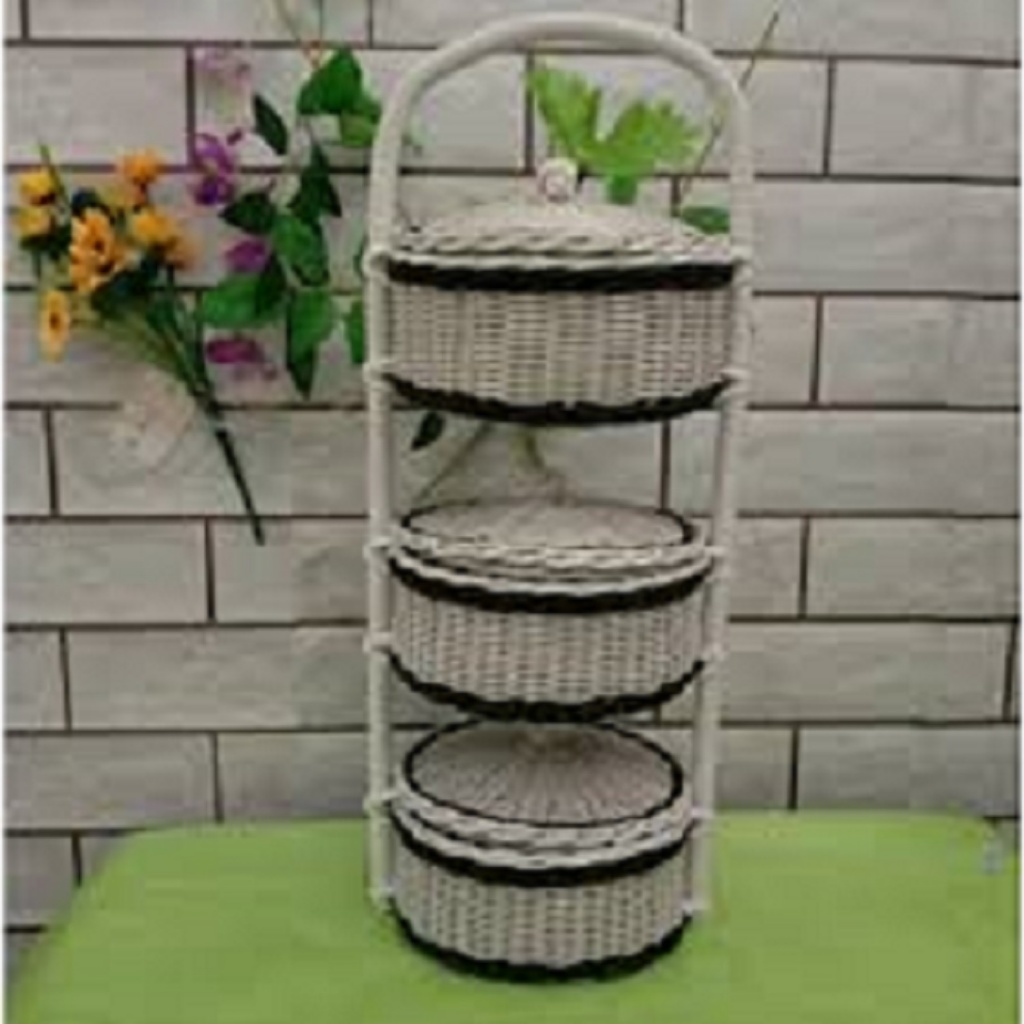 RAK BESI RAK SUSUN 3 KERANJANG ROTAN PLASTIK TEMPAT BUMBU DAPUR RAK SERBAGUNA RAK KOSMETIK TEMPAT BA