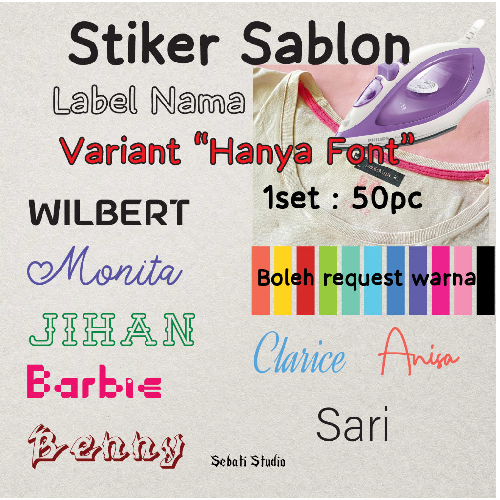 

(<1 Hari Jadi) Stiker Label Nama Variant Font isi 50pc | Stiker Sablon Setrika Iron Custom Tulisan Nama Bebas Req Warna Stiker Kain Baju Kaos