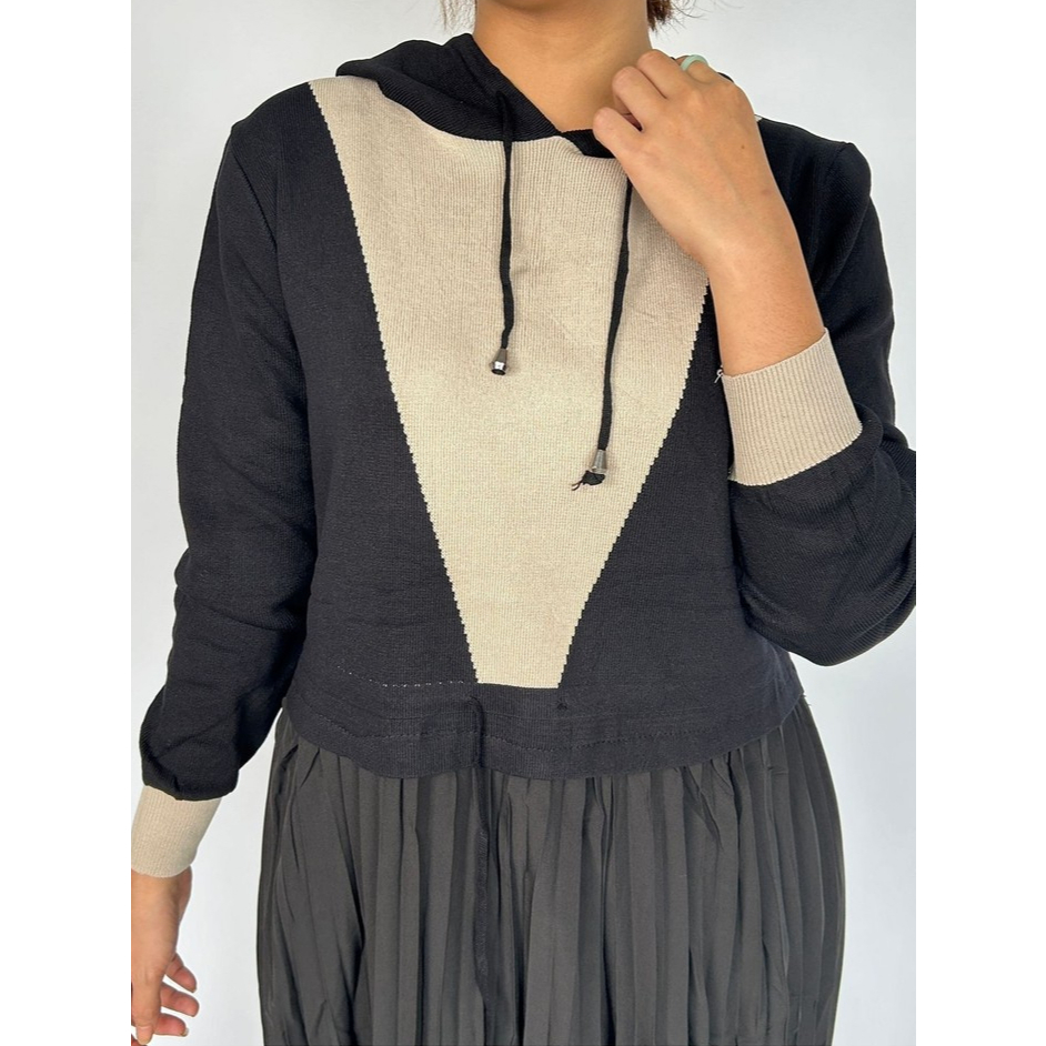 Midi Dres Rajut Rok Plisket Wanita Lengan Panjang