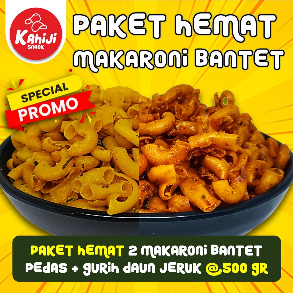 

PAKET TERMURAH 1 KG MAKARONI BANTET KRIUK KAHIJI BANDUNG, RASA PEDAS & GURIH DAUN JERUK @500 GR