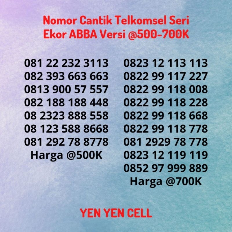 Nomor Cantik Kartu Perdana Telkomsel Simpati Seri Ekor Ujung ABBA Cermin Belakang Versi @500-700K No
