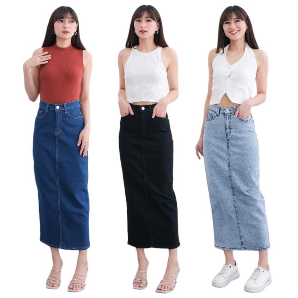 Rok Jeans Span Panjang Wanita Stretch Melar Tebal Jumbo Rok Denim Skirt Jeans Kekinian