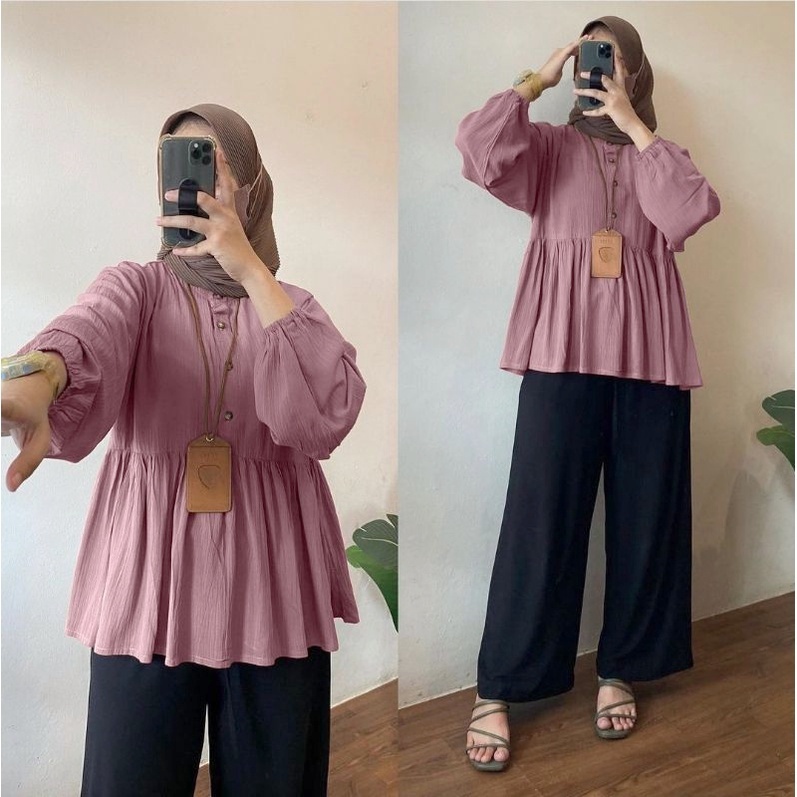 Atasan Baju Airflow Crinkle blus Wanita Terbaru Kekinian Murah 2024 Perempuan Arina Blouse Peplum Bl