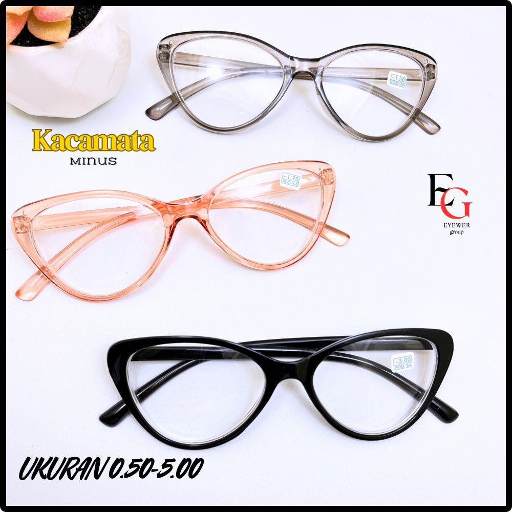 	 NEW-Kacamata Lensa Minus Wanita Model Cat Eye Minus Jarak Jauh 0.50-4.00 Free Box Dan Lap Pembersih	