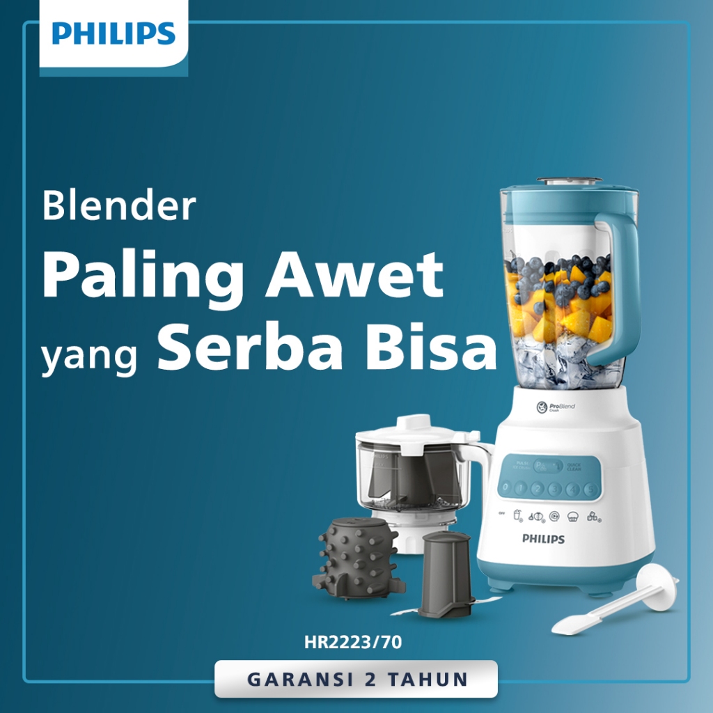 Blender Philips 5000 Series HR2223/70- Jar Plastik 2 L - Blender Jus Multifungsi (Chopper, Pembuat Sambal, Pengupas Bawang) - Blender Paling Awet