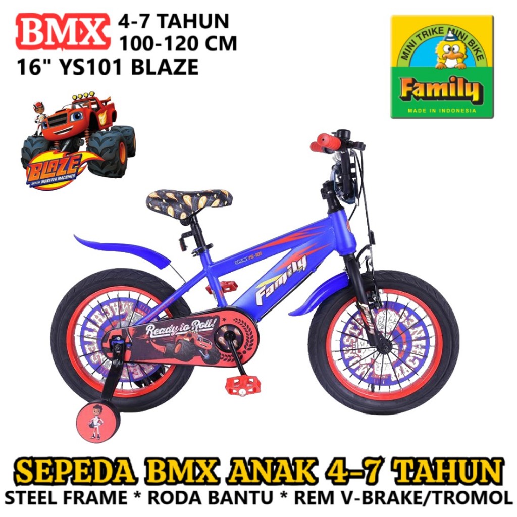 Sepeda BMX Family YS101 Blaze & The Monster Machine 12 16 Inci Anak 2-7 Tahun Roda Bantu Rangka Stee