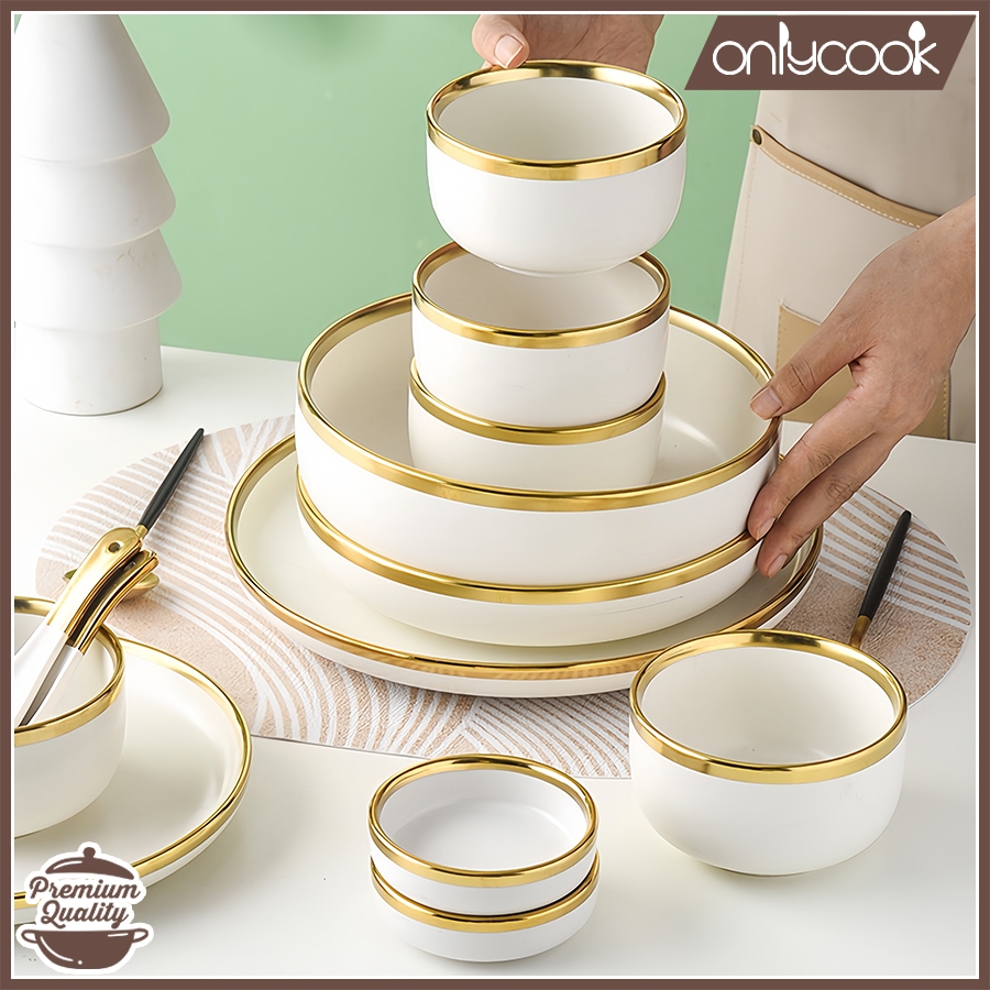 ONLYCOOK Piring Makan Keramik Putih Gold/ Mangkuk Keramik Putih Gold Elegan/Piring Keramik Mewah/