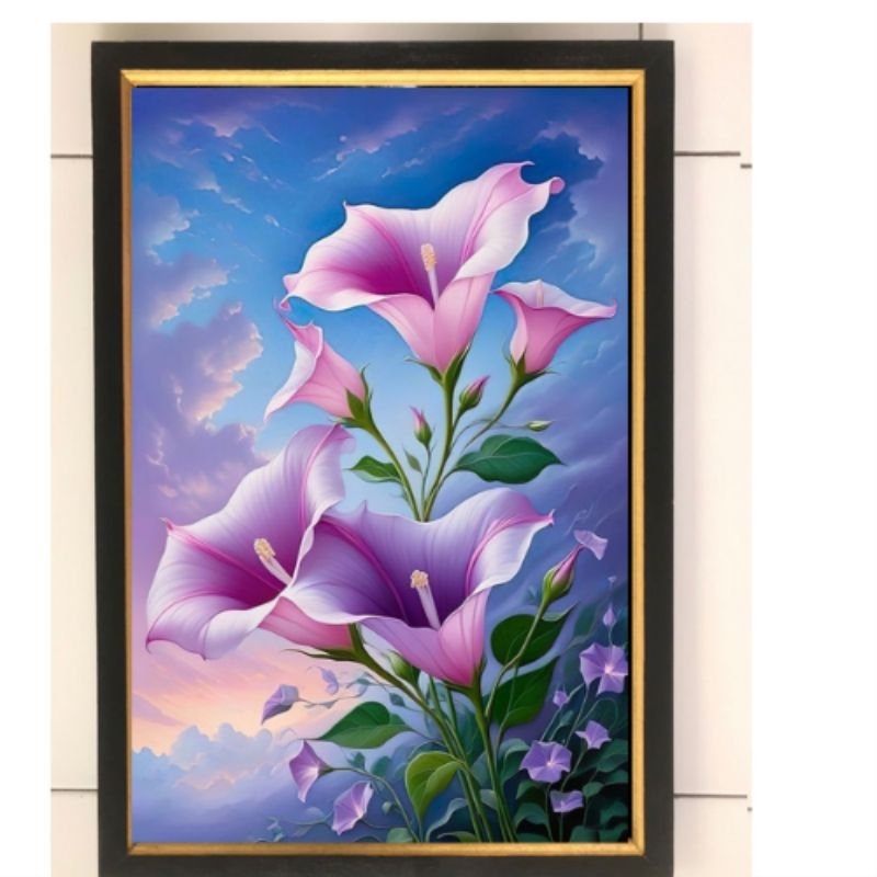 Hiasan dinding lukisan cetak Bunga terompet indah plus bingkai uk 45x65cm