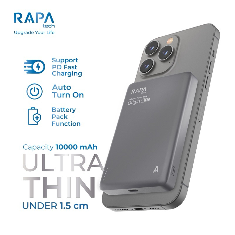 RAPAtech Powerbank Wireless 10000mAh PD Fast Charging 15W + PD20W Lithium Polymer Baterai ULTRA THIN