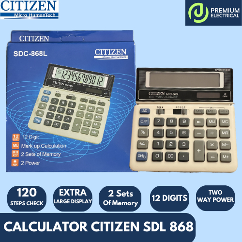

Citizen Calculator Solar Power - Calculator Simple - Kalkulator Simpel - Kalkulator Solar - Mesin Hitung Kantor Dagang Sekolah 12 Digit 15cm X 15cm SDC 868L