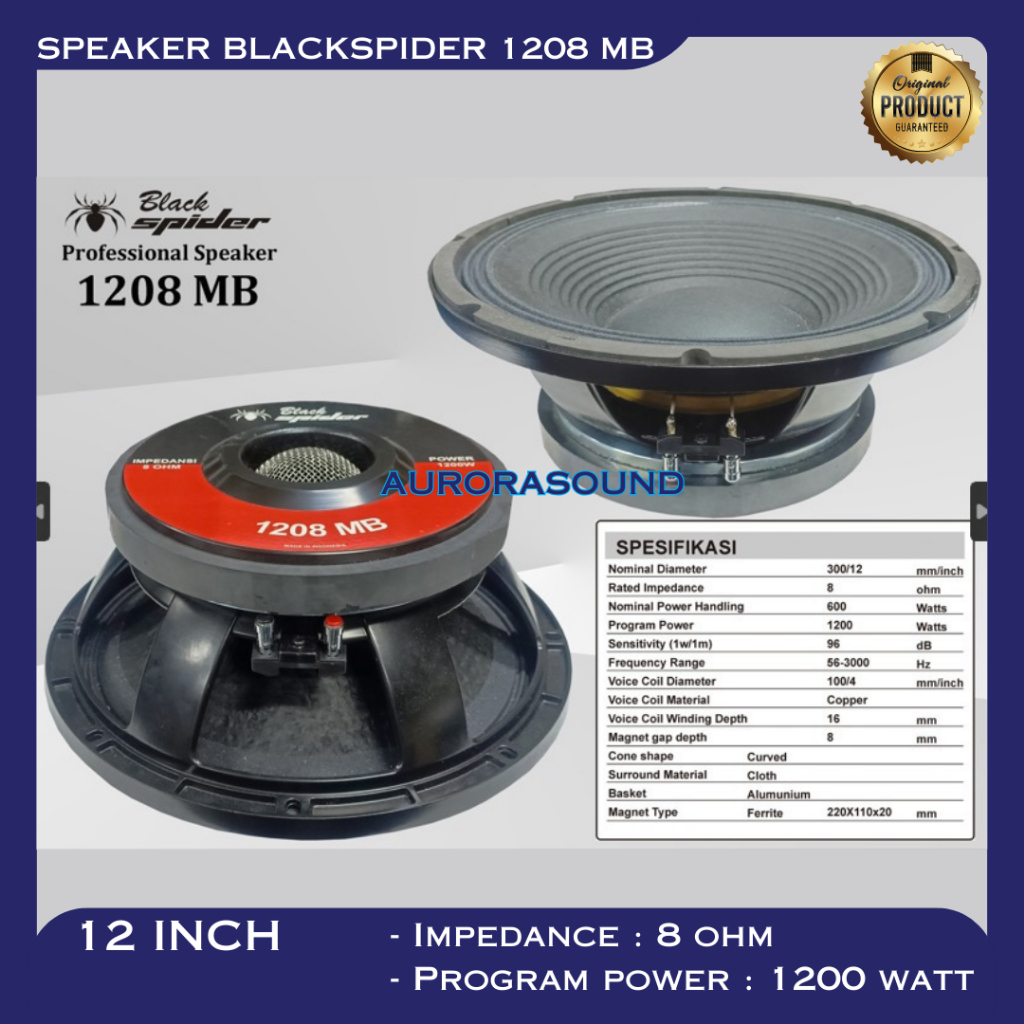 SPEAKER KOMPONEN BLACKSPIDER 1208 MB 1200 WATT 12 INCH 12IN 12" ORIGINAL BLACK SPIDER
