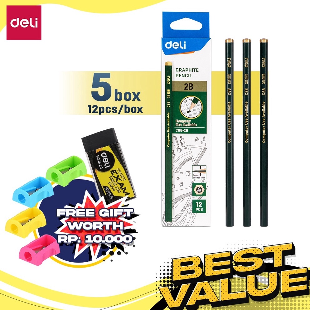 

KODE I2Z4 Deli Paket Kombo ATK Ekonomis 6 pcs Pensil Kayu 2B Gratis Rautan Penghapus EC882B