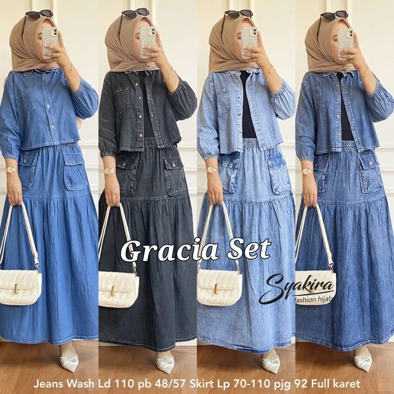 Pakaian Wanita Gracia Set, Metha Set Original By Syakira Setelan Rok Bahan Jeans Simple