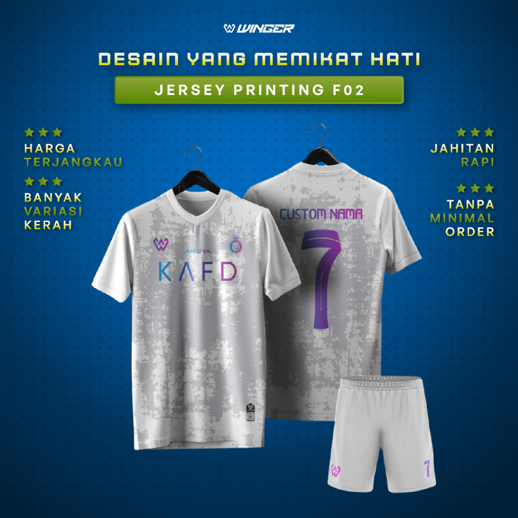 Baju Olahraga Jersey Futsal Custom Putih Kombinasi Lengan Motif Ungu F02 Free Nama By Winger Apparel