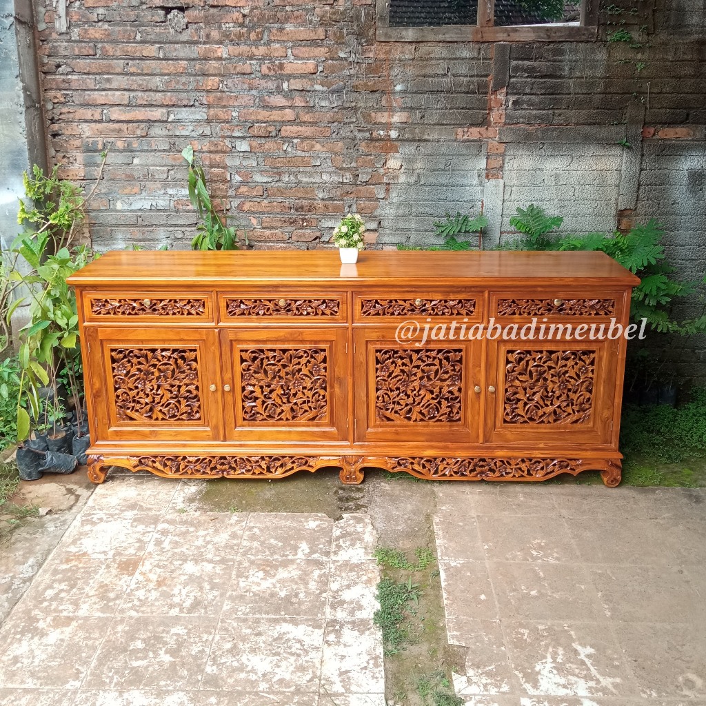 Bufet Meja Tv Ukiran Kayu Jati, Buffet Tv Palembang Ukir Kayu Jati, Kabinet Tv Ukiran Kayu Jati