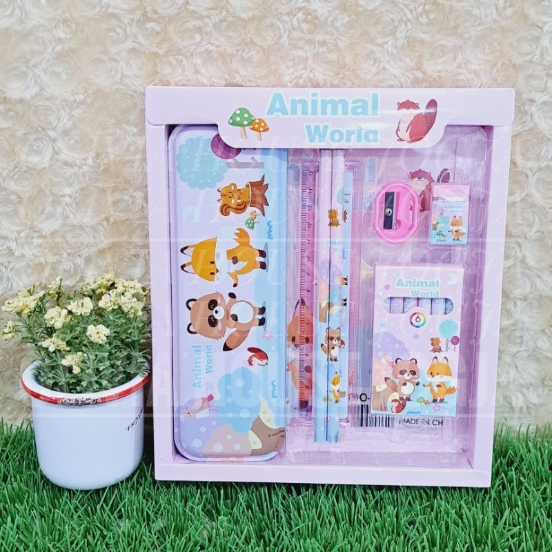 Stationary Set Foxy Animal World Pink 6in1 Stationary Set Animal Foxy 6in1 Pensil Case Set Animal Wo