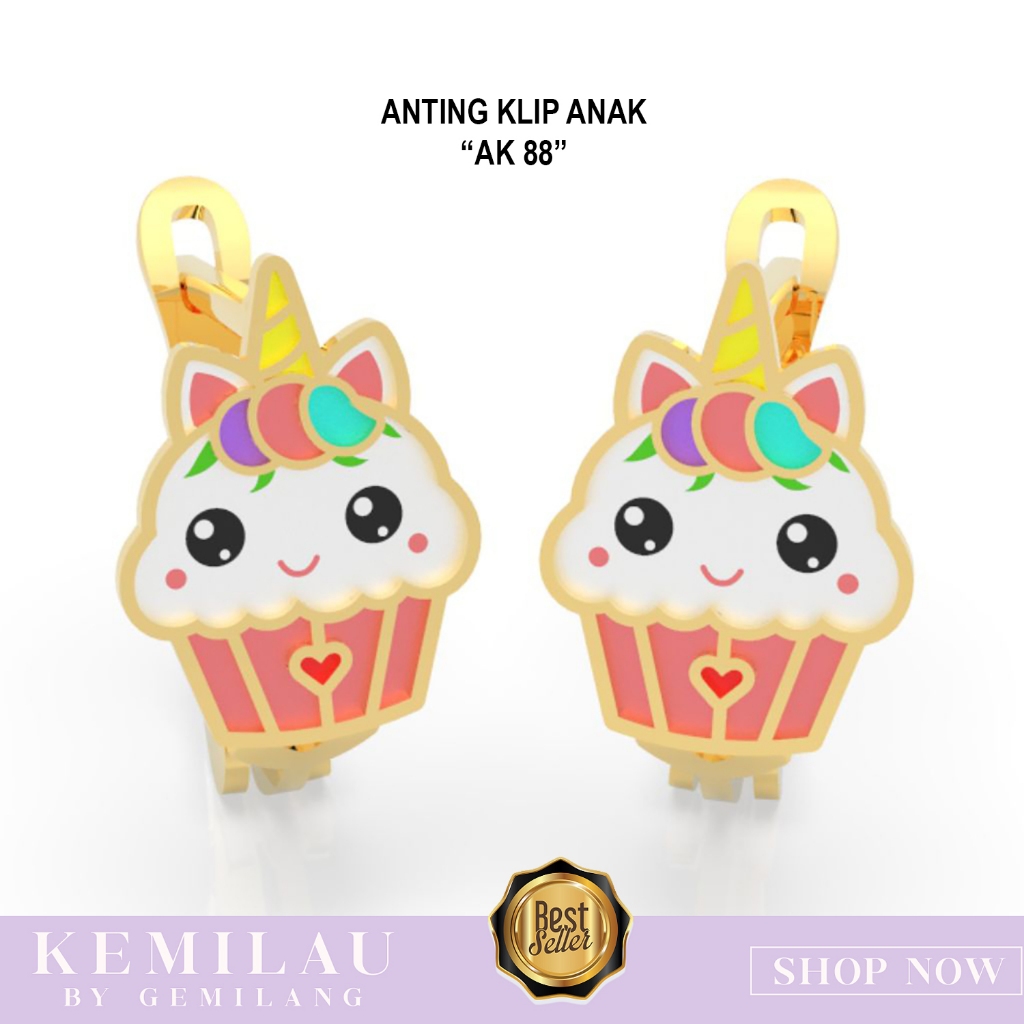 ANTING KLIP EMAS ASLI ANTING ANAK KARAKTER CUPCAKE / KUDA PONY / UNICORN / MERMAID EMAS KADAR 6K, 8K