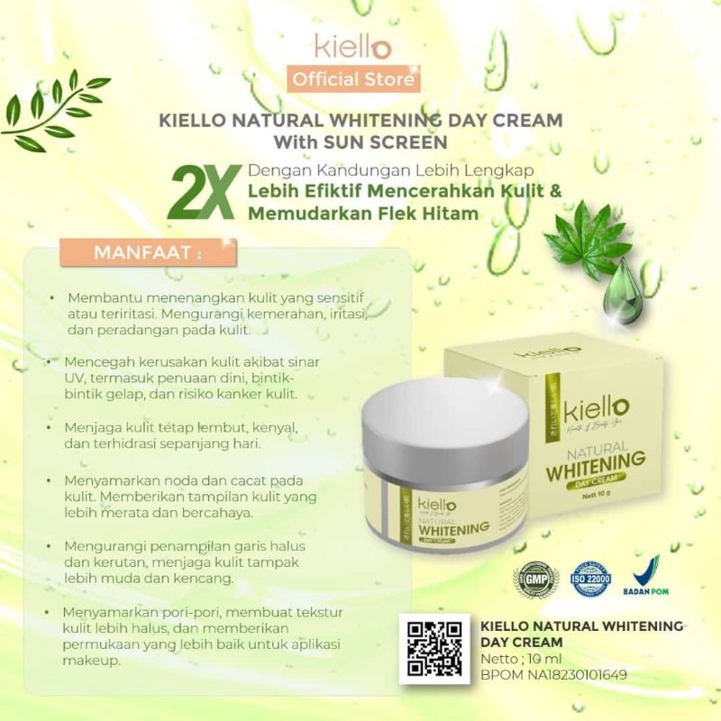 KIELLO DAY CREAM WITH SUN SCREEN || NATURAL WHITENING DAY CREAM || CREAM WAJAH SIANG