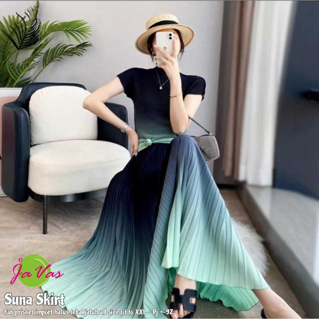 Suna Skirt Rok Gradasi Plisket Import Premium