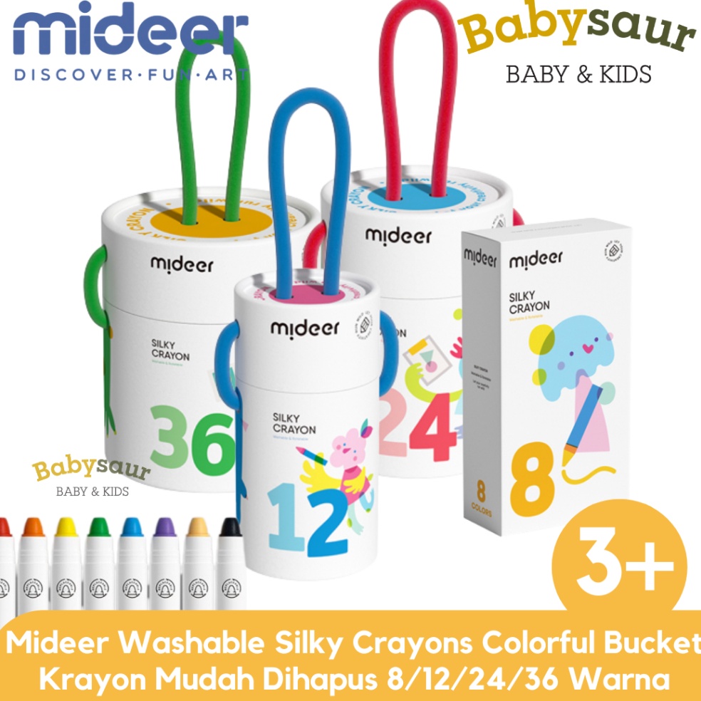 

KODE Q7W5 Mideer Washable Silky Crayon 8 12 24 36 Warna Colorful Bucket Krayon Mewarnai Alat Warna Set Anak Wipe and Clean