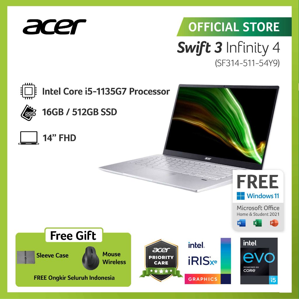 (FREE WIRELESS MOUSE) ACER LAPTOP SWIFT 3 INFINITY 4 SF314-511-54Y9 14' 'FHD INTEL EVO I5-1135G7 RAM